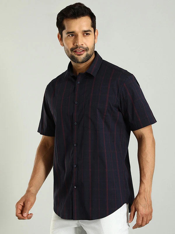 Indian Terrain Men's Regular Fit Half Sleeve Checkered Navy Shirt